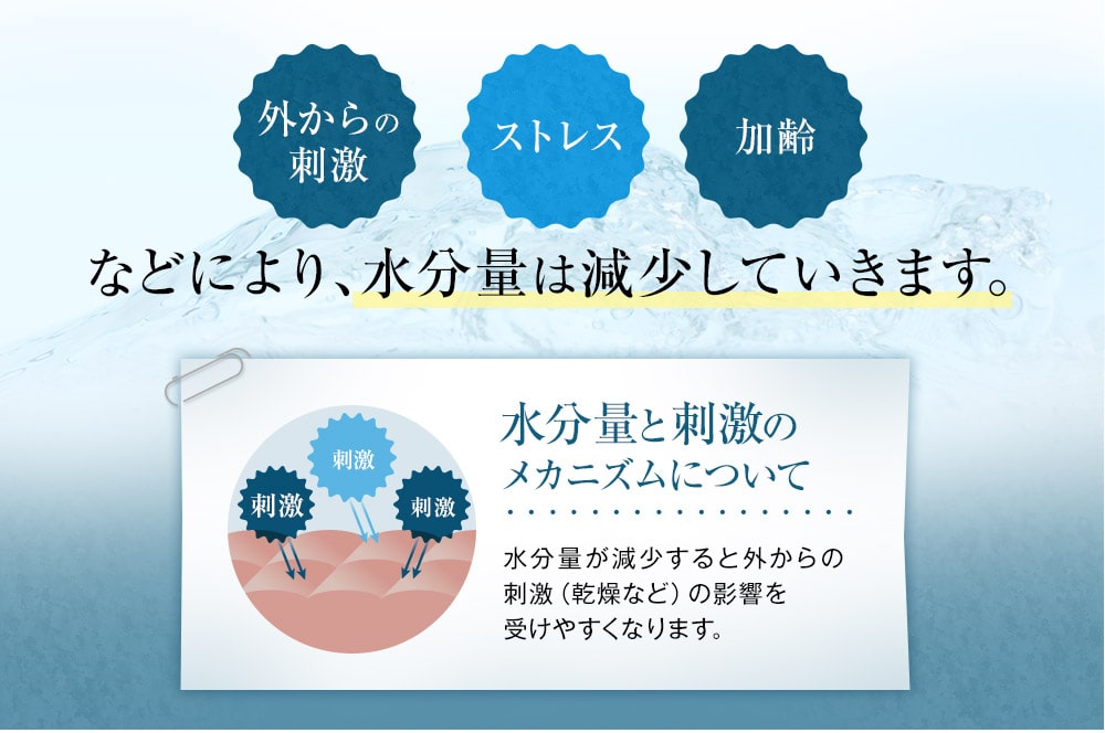 外からの刺激　ストレス　加齢などにより水分量は減少していきます。水分量と刺激のメカニズムについて　水分量が減少すると外からの刺激（乾燥など）の影響を受けやすくなります。