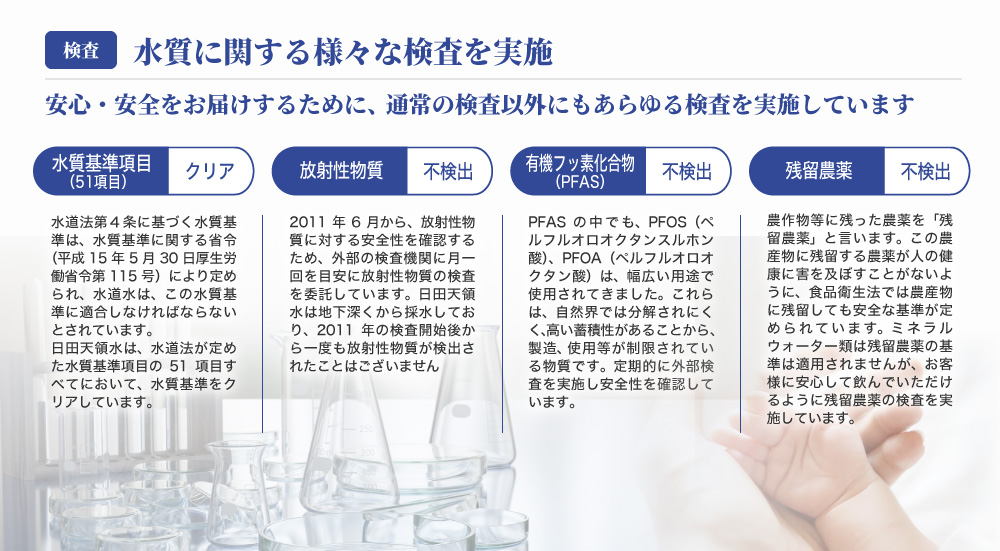 安心安全をお届けするためにあらゆる水質検査を実施
